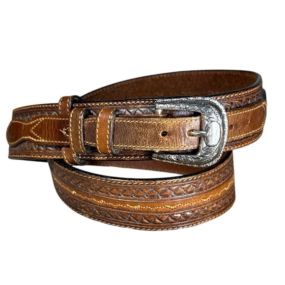 Silver Creek Collection Brown Western Hand Tooled Ranger Belt Mens Sz 40 - Picture 1 of 8